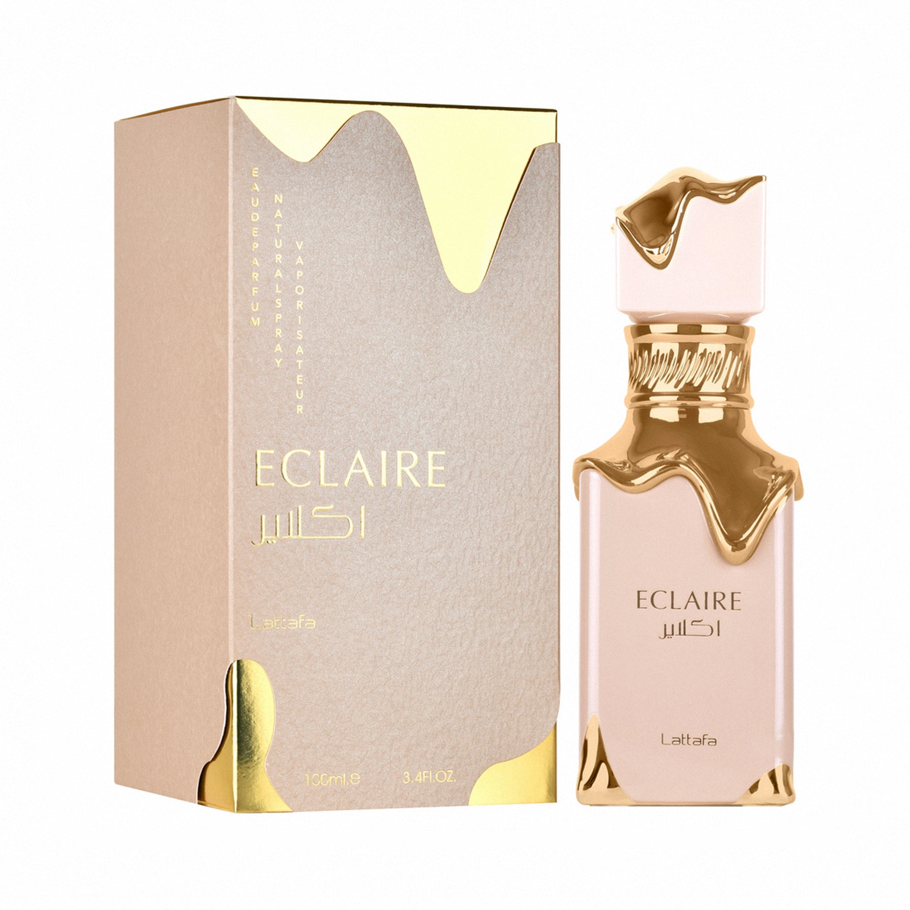 Eclaire perfume bottle and packaging on a white background