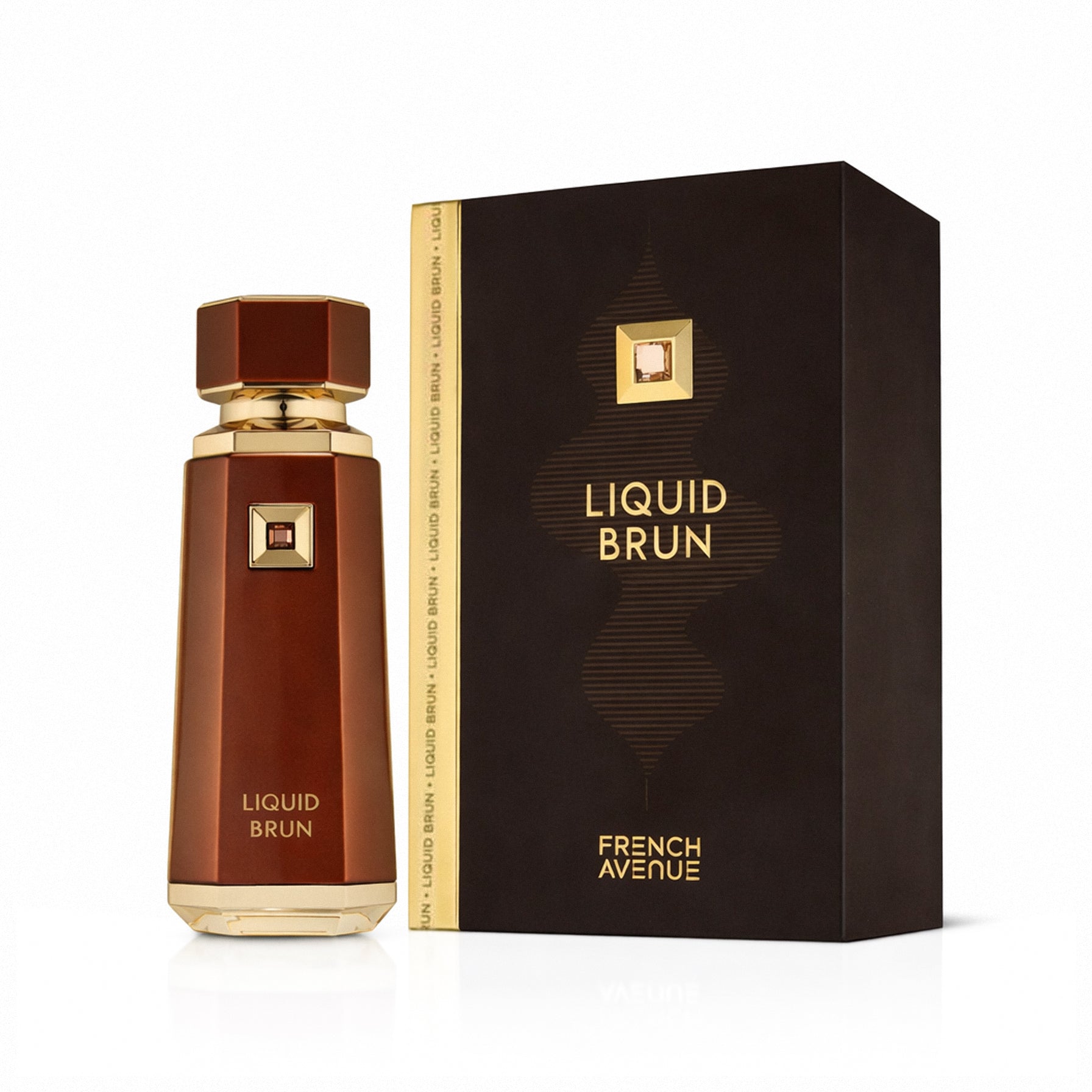 Brown perfume bottle and packaging with 'Liquid Brun' branding on a white background