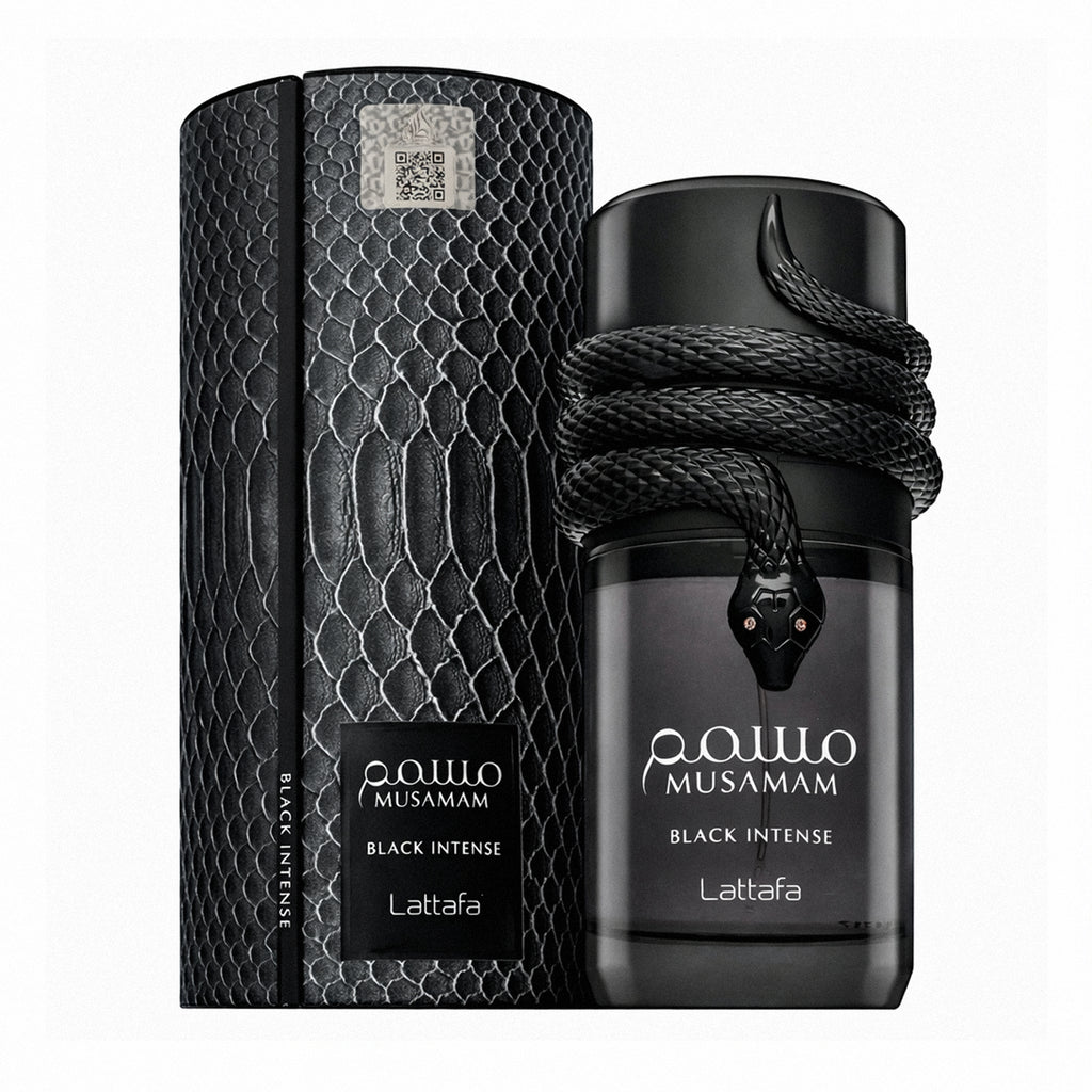 Black perfume bottle and packaging with 'Lattafa' branding on a white background