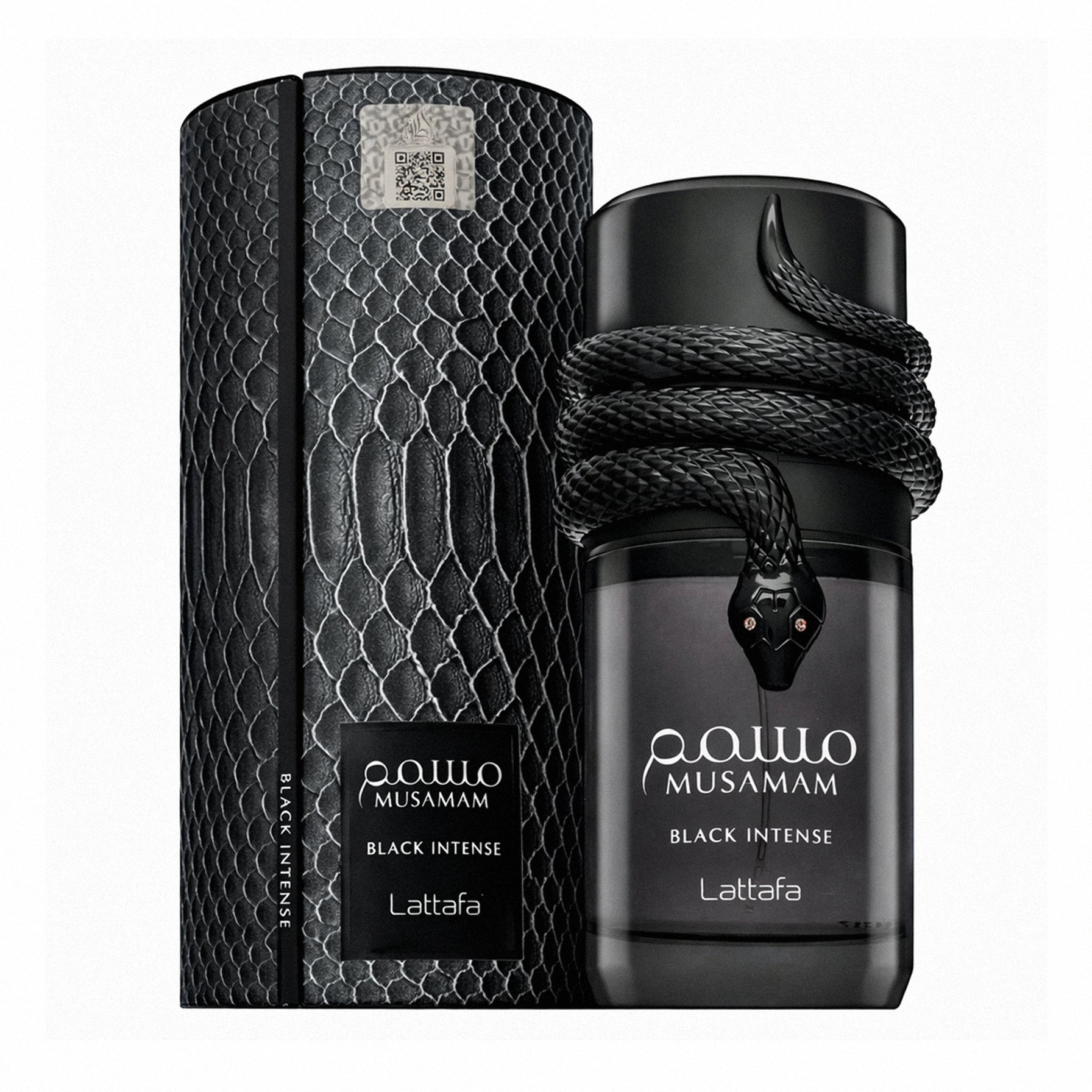 Black perfume bottle and packaging with 'Lattafa' branding on a white background