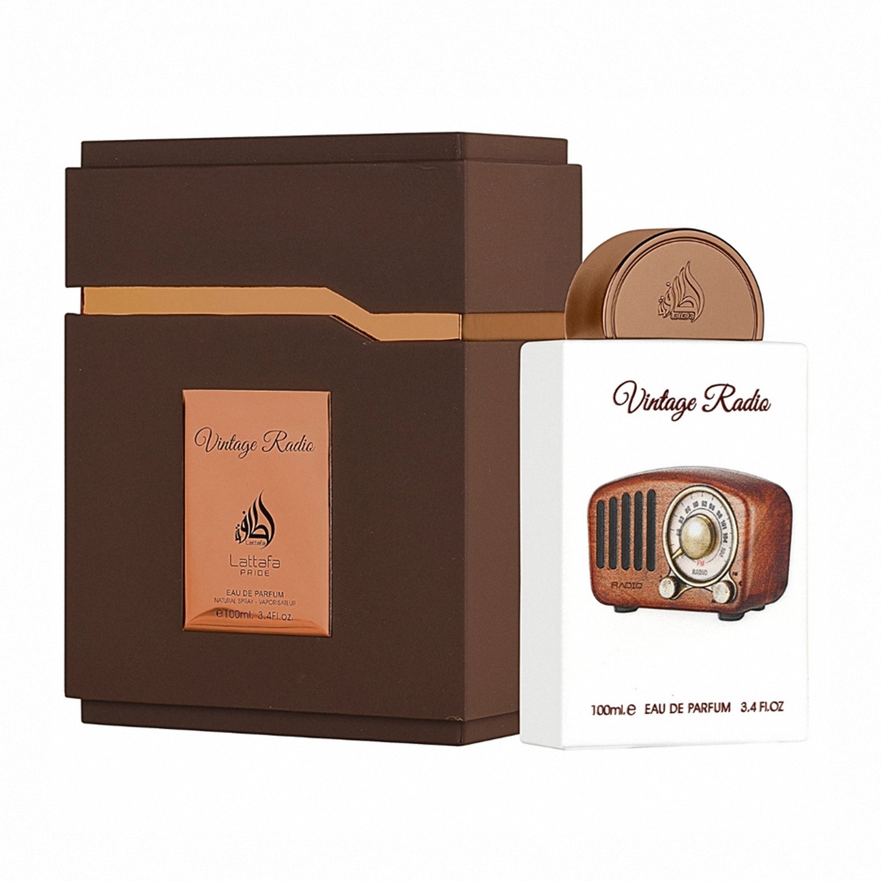 Perfume packaging with brown box and white bottle labeled 'Vintage Radio' on a white background