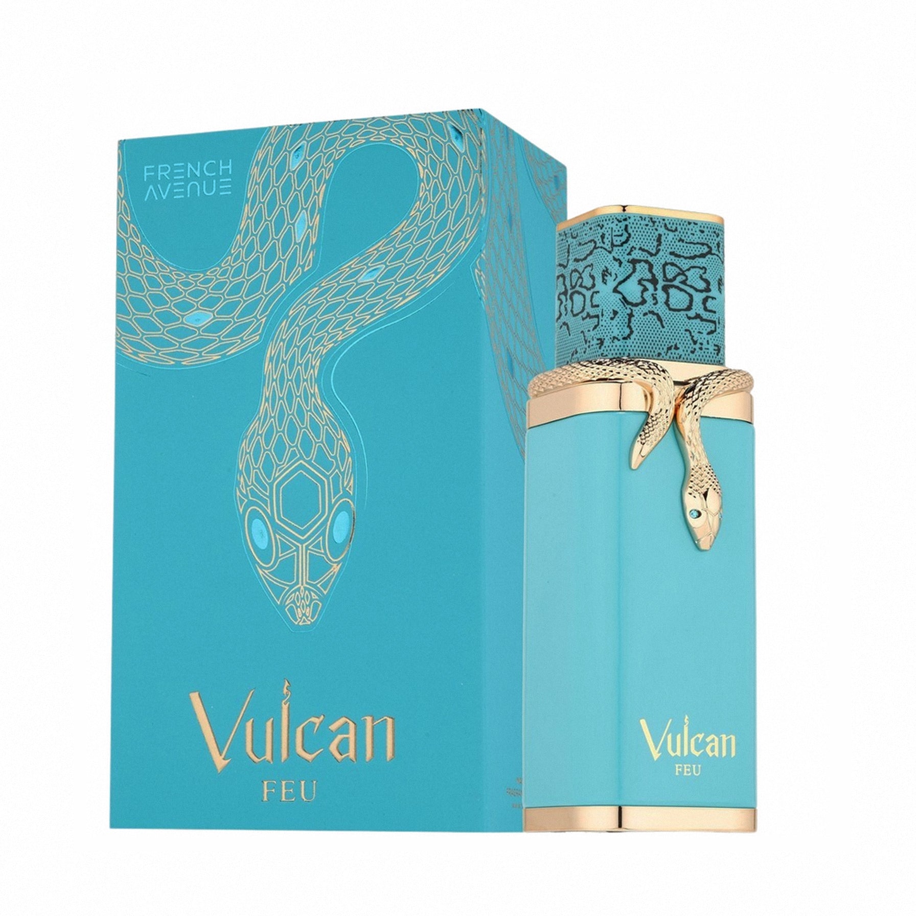 Teal perfume bottle and packaging with snake design and 'Vulcan' branding on a white background